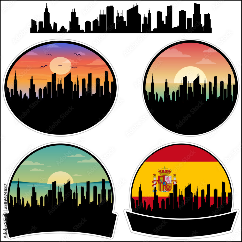 Eibar Skyline Silhouette Spain Flag Travel Souvenir Sticker Sunset Background Vector Illustration SVG EPS AI