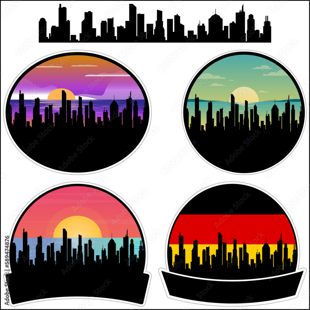 Baesweiler Skyline Silhouette Germany Flag Travel Souvenir Sticker Sunset Background Vector Illustration SVG EPS AI