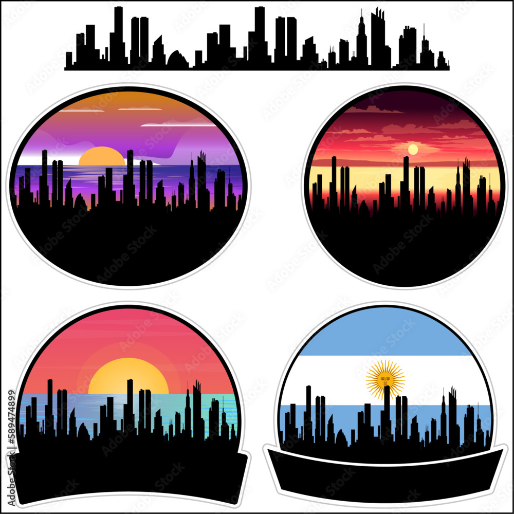 Marcos Juarez Skyline Silhouette Argentina Flag Travel Souvenir Sticker Sunset Background Vector Illustration SVG EPS AI