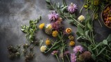 A Botanical Masterpiece Top-View of Herbal Flowers on a Light Grey Table