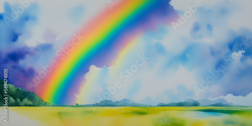 Watercolor drawing of a summer landscape with a rainbow, ai generated © Valerii