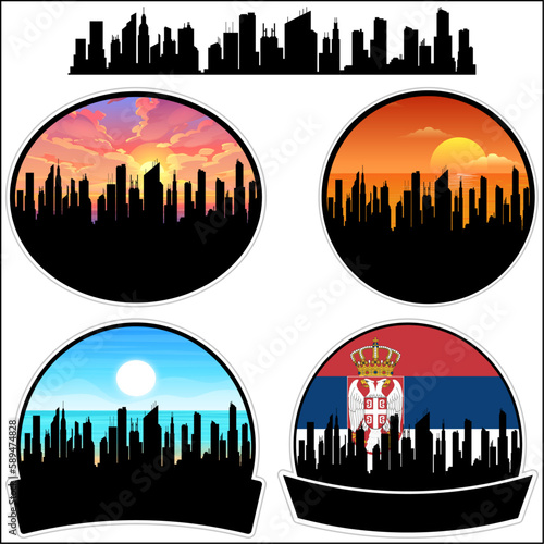 Priboj Skyline Silhouette Serbia Flag Travel Souvenir Sticker Sunset Background Vector Illustration SVG EPS AI