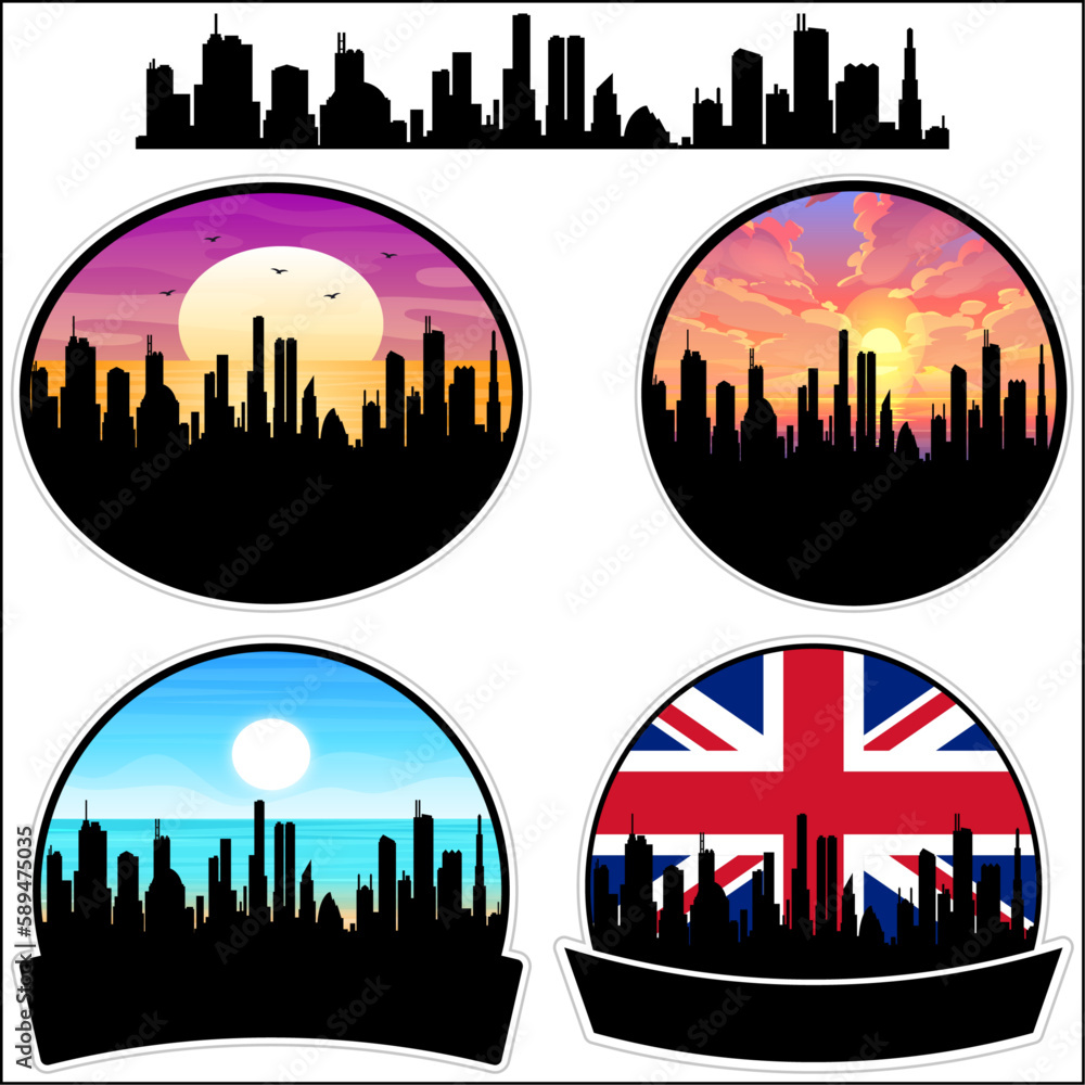 Chichester Skyline Silhouette Uk Flag Travel Souvenir Sticker Sunset Background Vector Illustration SVG EPS AI