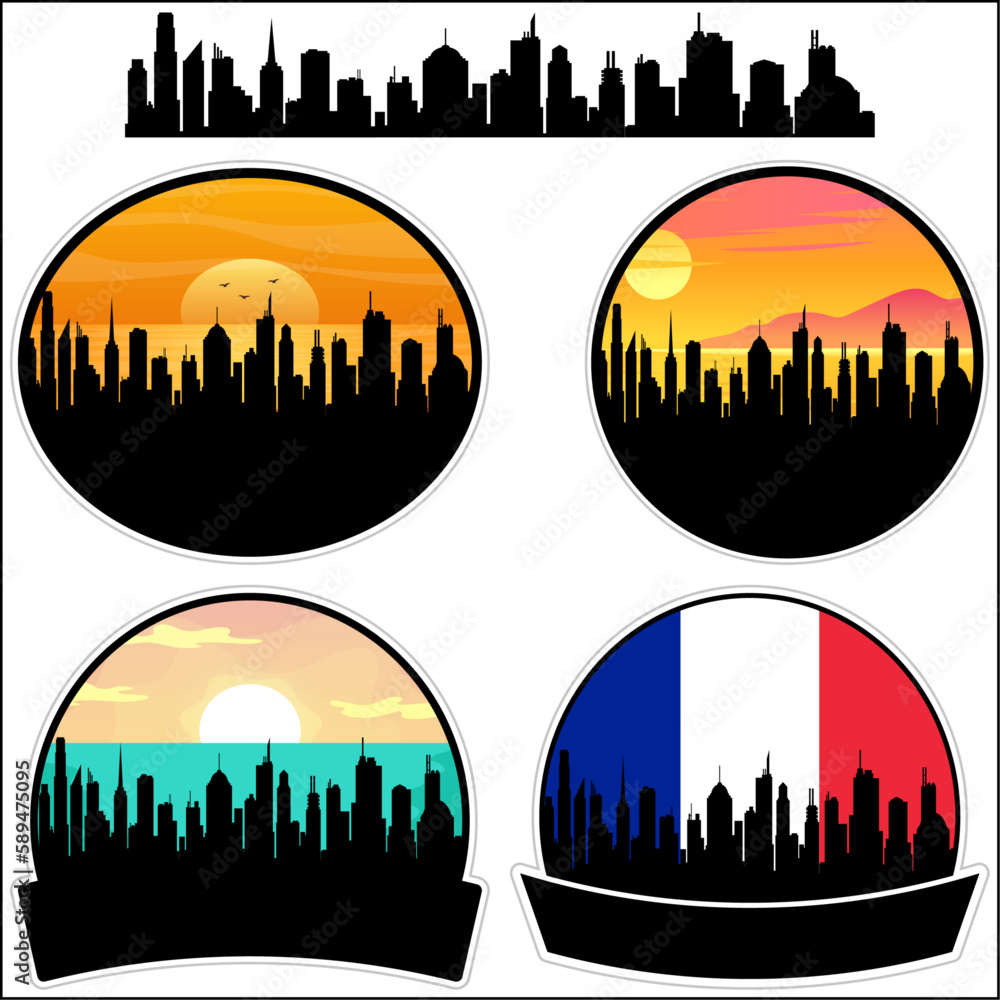 Rambouillet Skyline Silhouette France Flag Travel Souvenir Sticker Sunset Background Vector Illustration SVG EPS AI