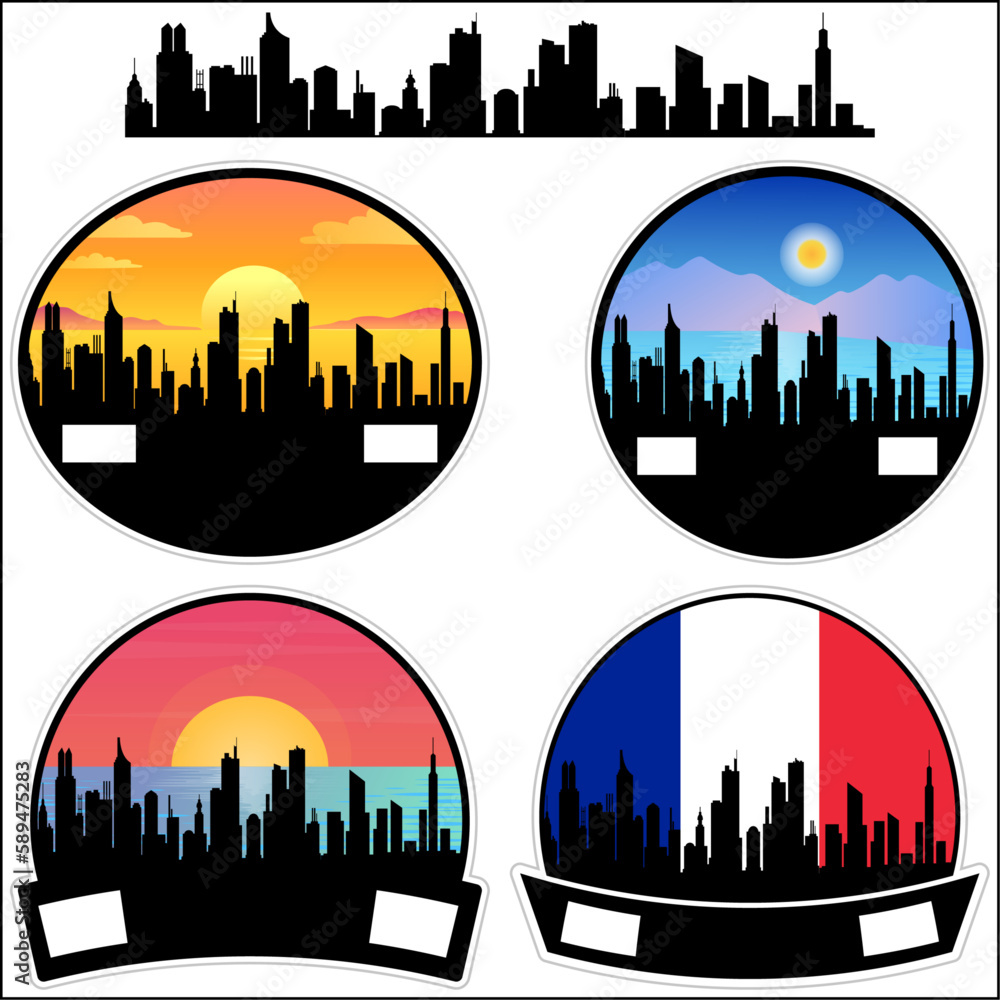 Sucy en Brie Skyline Silhouette France Flag Travel Souvenir Sticker Sunset Background Vector Illustration SVG EPS AI