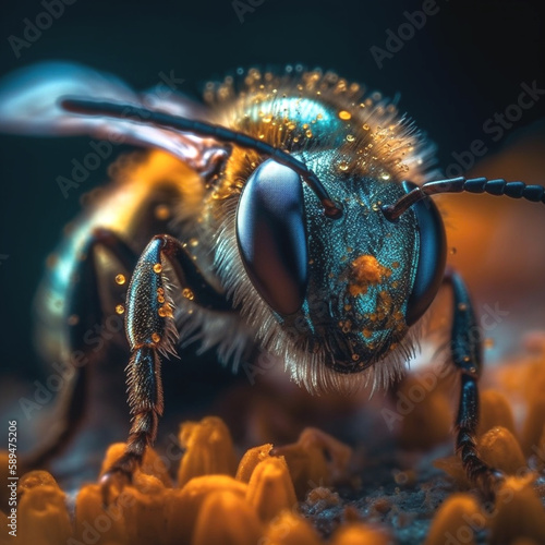 Clous up of a bee in pollution, ai generative © MendyZa