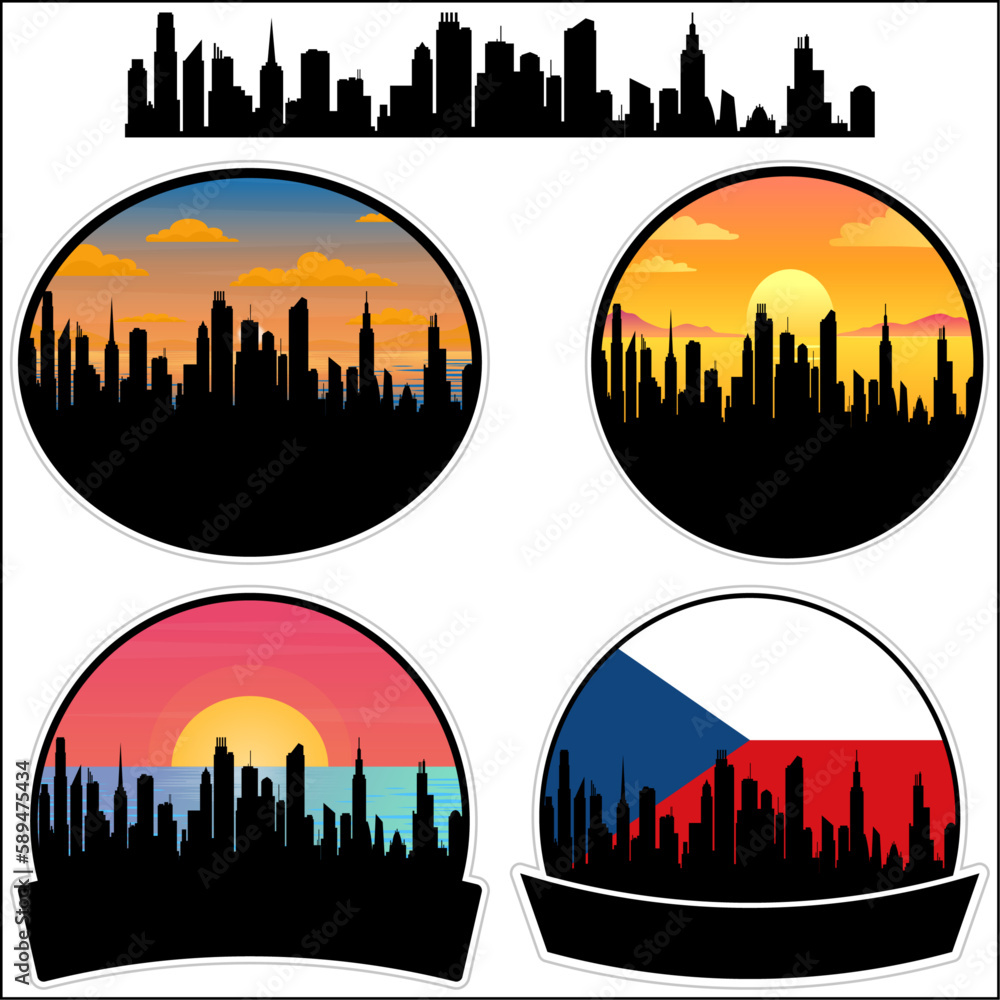 Brevnov Skyline Silhouette Czech Flag Travel Souvenir Sticker Sunset Background Vector Illustration SVG EPS AI