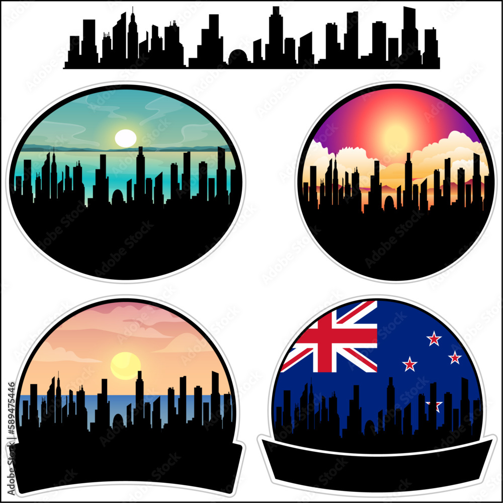 Pukekohe East Skyline Silhouette New Zealand Flag Travel Souvenir Sticker Sunset Background Vector Illustration SVG EPS AI