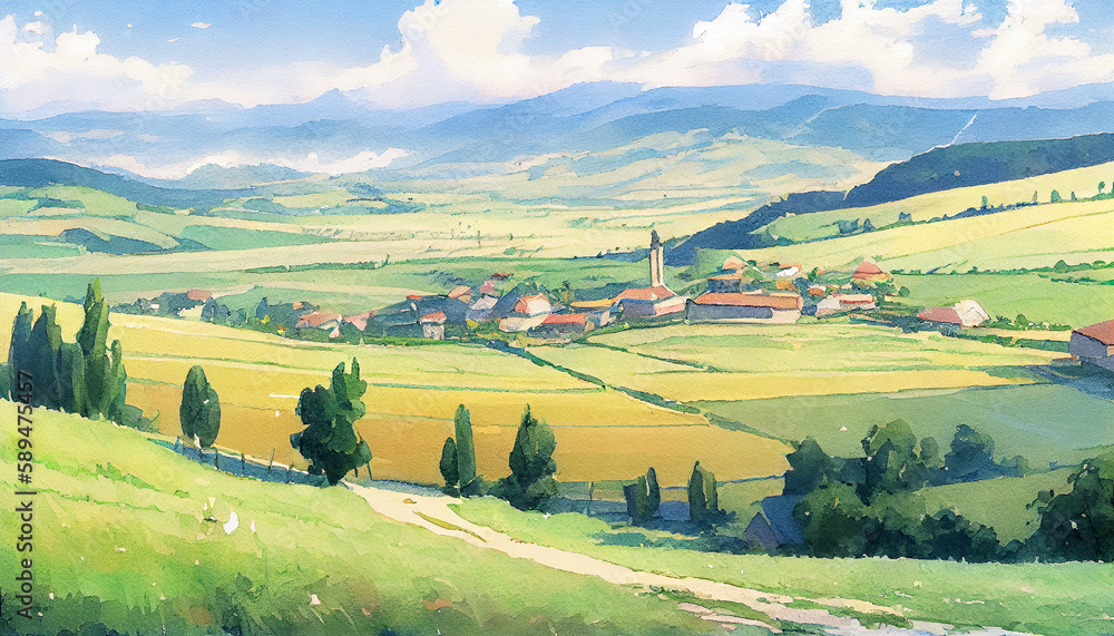 A charming illustration of a green village surrounded by lush gardens, creating a peaceful and idyllic scene, generative ai