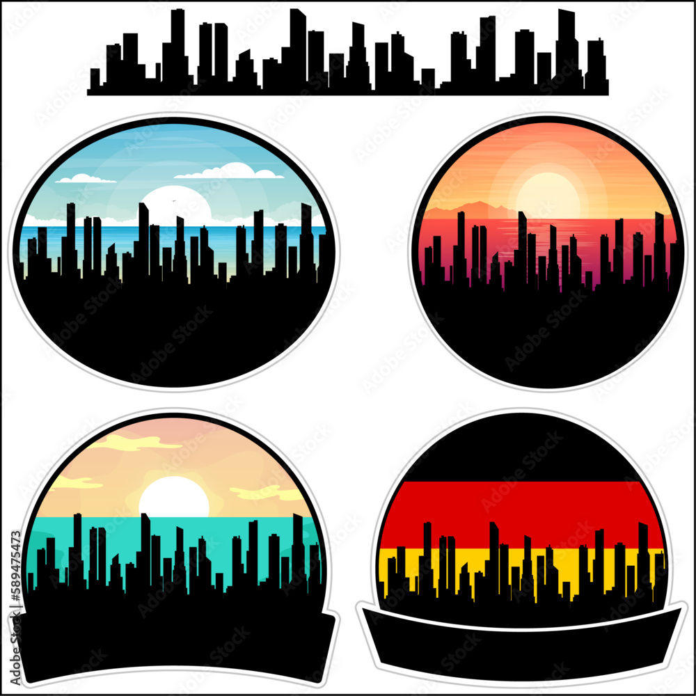 Hennigsdorf Skyline Silhouette Germany Flag Travel Souvenir Sticker Sunset Background Vector Illustration SVG EPS AI