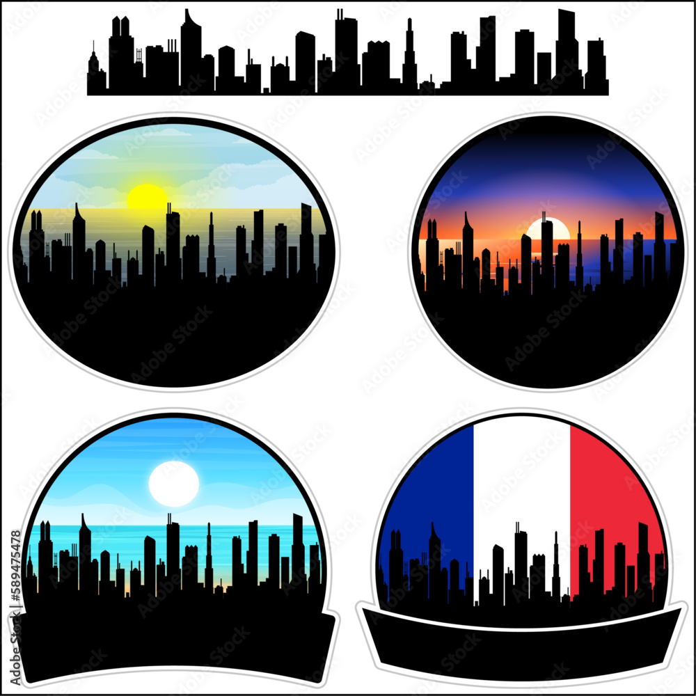 Lunel Skyline Silhouette France Flag Travel Souvenir Sticker Sunset Background Vector Illustration SVG EPS AI