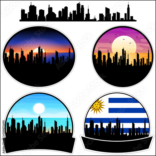 Pando Skyline Silhouette Uruguay Flag Travel Souvenir Sticker Sunset Background Vector Illustration SVG EPS AI
