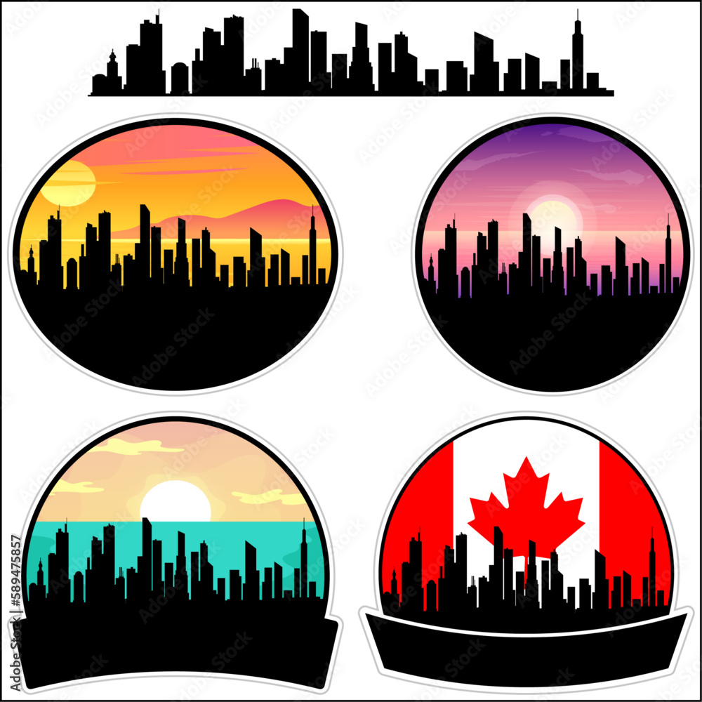 Thetford Mines Skyline Silhouette Canada Flag Travel Souvenir Sticker Sunset Background Vector Illustration SVG EPS AI