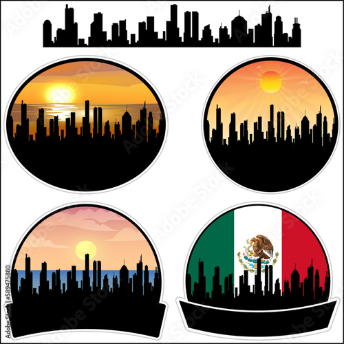 Huejotzingo Skyline Silhouette Mexico Flag Travel Souvenir Sticker Sunset Background Vector Illustration SVG EPS AI photo