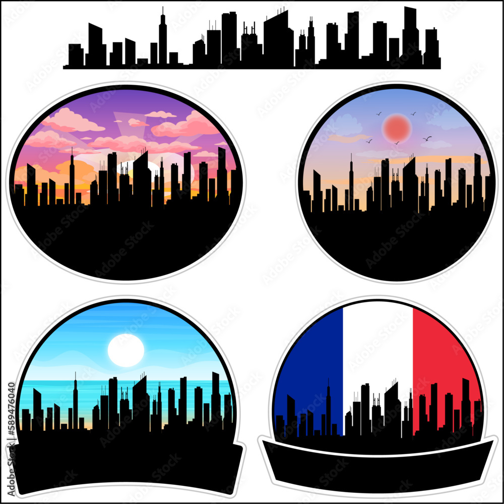Aurillac Skyline Silhouette France Flag Travel Souvenir Sticker Sunset Background Vector Illustration SVG EPS AI