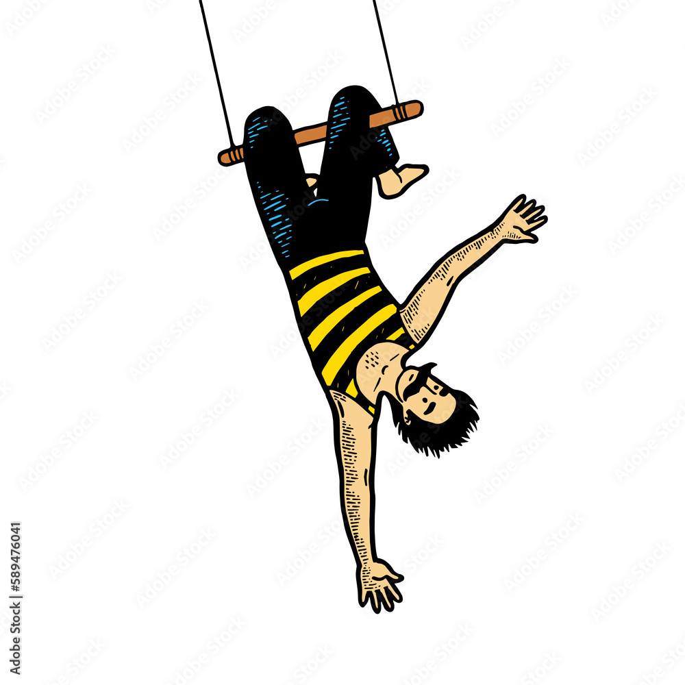 Obraz premium Circus acrobat on trapeze sketch engraving PNG illustration with transparent background