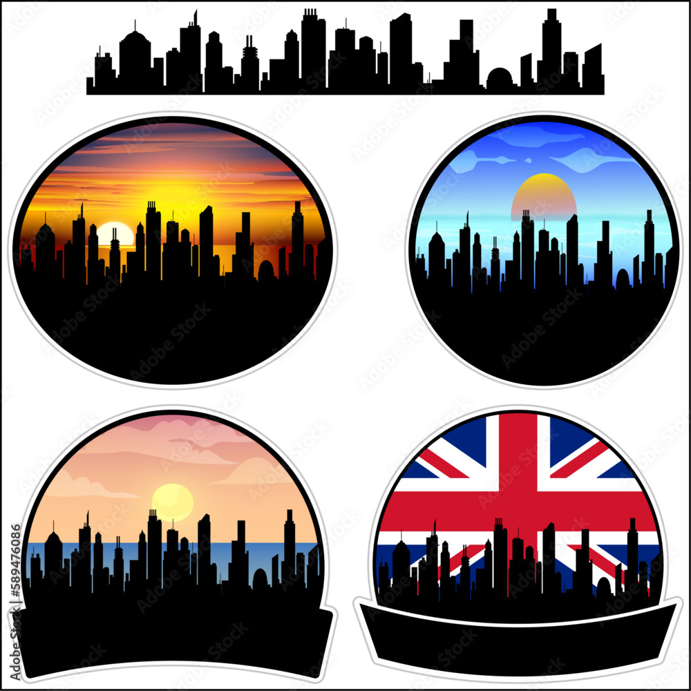 Newport Skyline Silhouette Uk Flag Travel Souvenir Sticker Sunset Background Vector Illustration SVG EPS AI