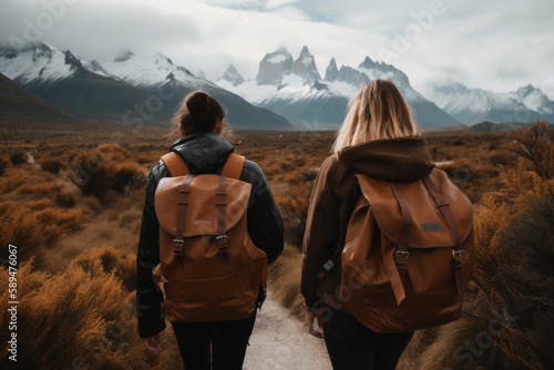 zwei Frauen mit Rucksack wandern auf Berge zu