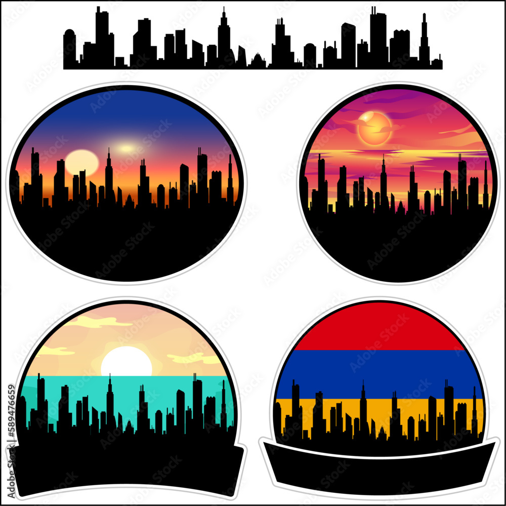 Ch'arents'avan Skyline Silhouette Armenia Flag Travel Souvenir Sticker Sunset Background Vector Illustration SVG EPS AI