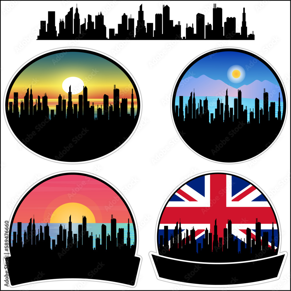 Daventry Skyline Silhouette Uk Flag Travel Souvenir Sticker Sunset Background Vector Illustration SVG EPS AI