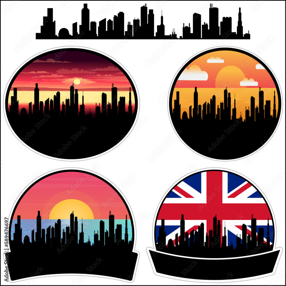 Portishead Skyline Silhouette Uk Flag Travel Souvenir Sticker Sunset Background Vector Illustration SVG EPS AI