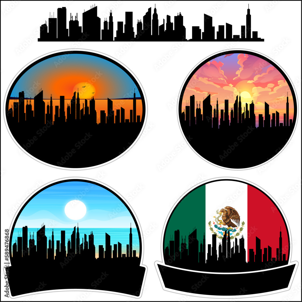 Aldama Skyline Silhouette Mexico Flag Travel Souvenir Sticker Sunset Background Vector Illustration SVG EPS AI