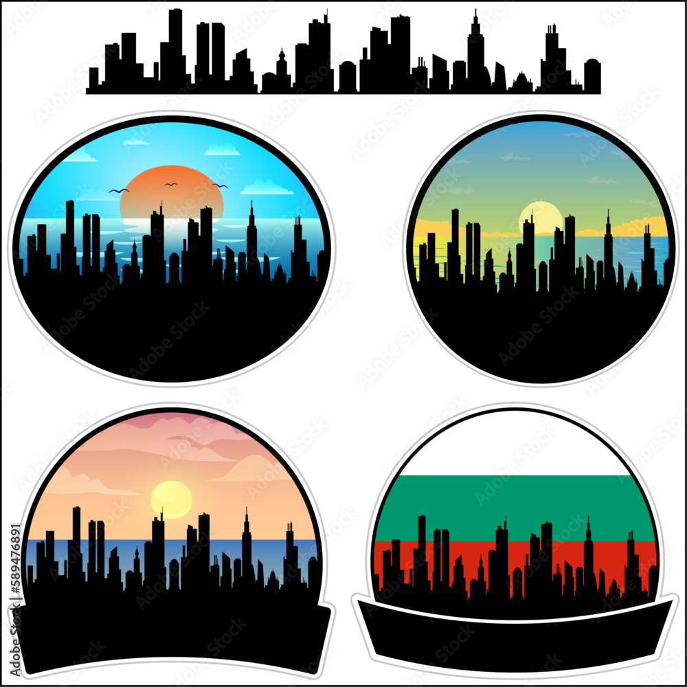 Aytos Skyline Silhouette Bulgaria Flag Travel Souvenir Sticker Sunset Background Vector Illustration SVG EPS AI