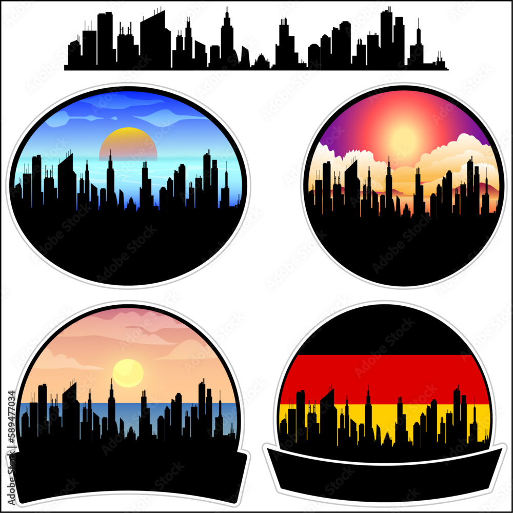 Ludinghausen Skyline Silhouette Germany Flag Travel Souvenir Sticker Sunset Background Vector Illustration SVG EPS AI
