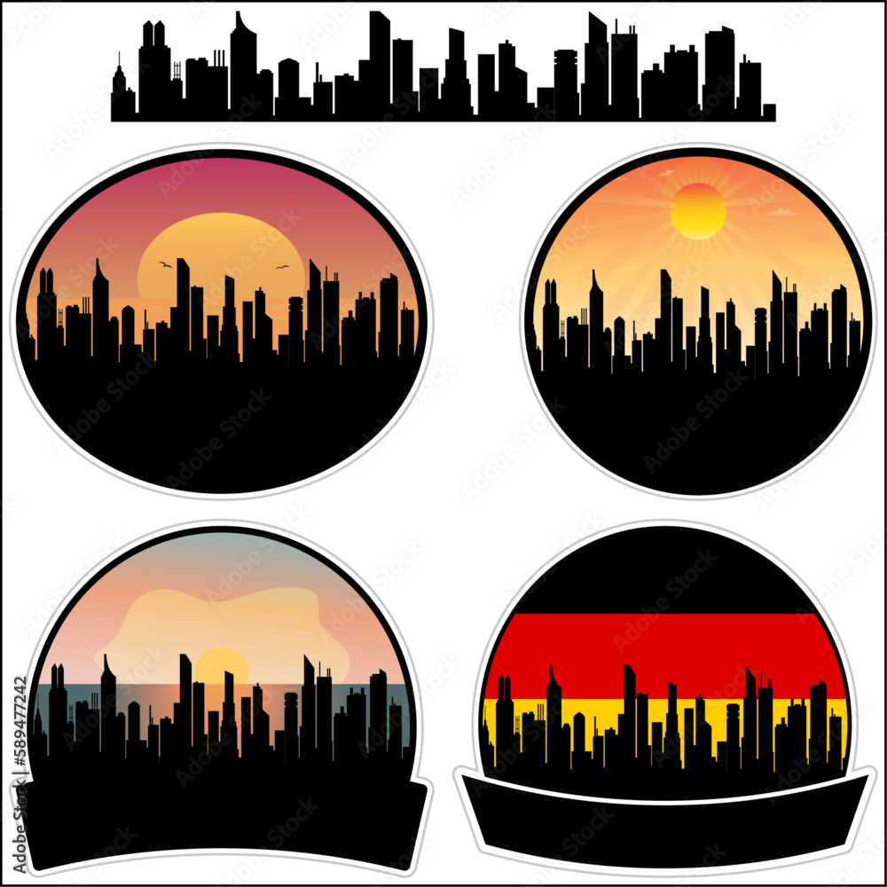 Rathenow Skyline Silhouette Germany Flag Travel Souvenir Sticker Sunset Background Vector Illustration SVG EPS AI