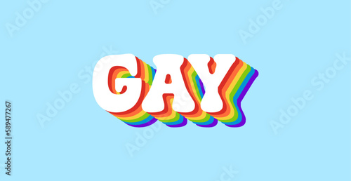GAY Rainbow Lettering in Retro Style Banner. Rainbow Gay Pride Text Isolated on Blue Background. Typography Design Element for Pride Month celebration 