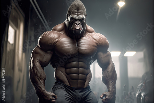 An image of a fitness gorilla adorned in athletic attire. Ai generated  © Oleksii Halutva
