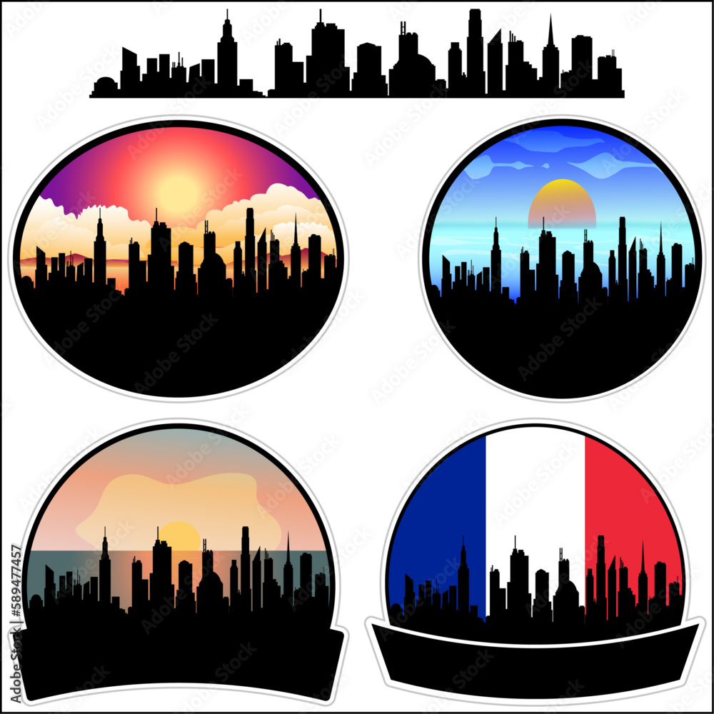 Rochefort Skyline Silhouette France Flag Travel Souvenir Sticker Sunset Background Vector Illustration SVG EPS AI