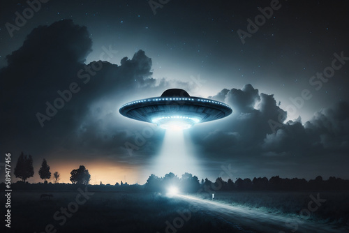 A spooky UFO abduction scene with aliens and bright lights against a dark night sky, Generative Ai