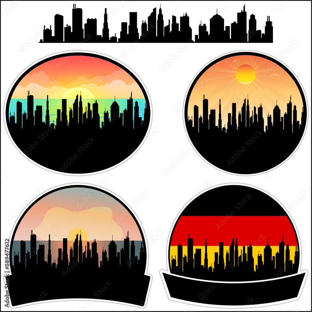 Varel Skyline Silhouette Germany Flag Travel Souvenir Sticker Sunset Background Vector Illustration SVG EPS AI