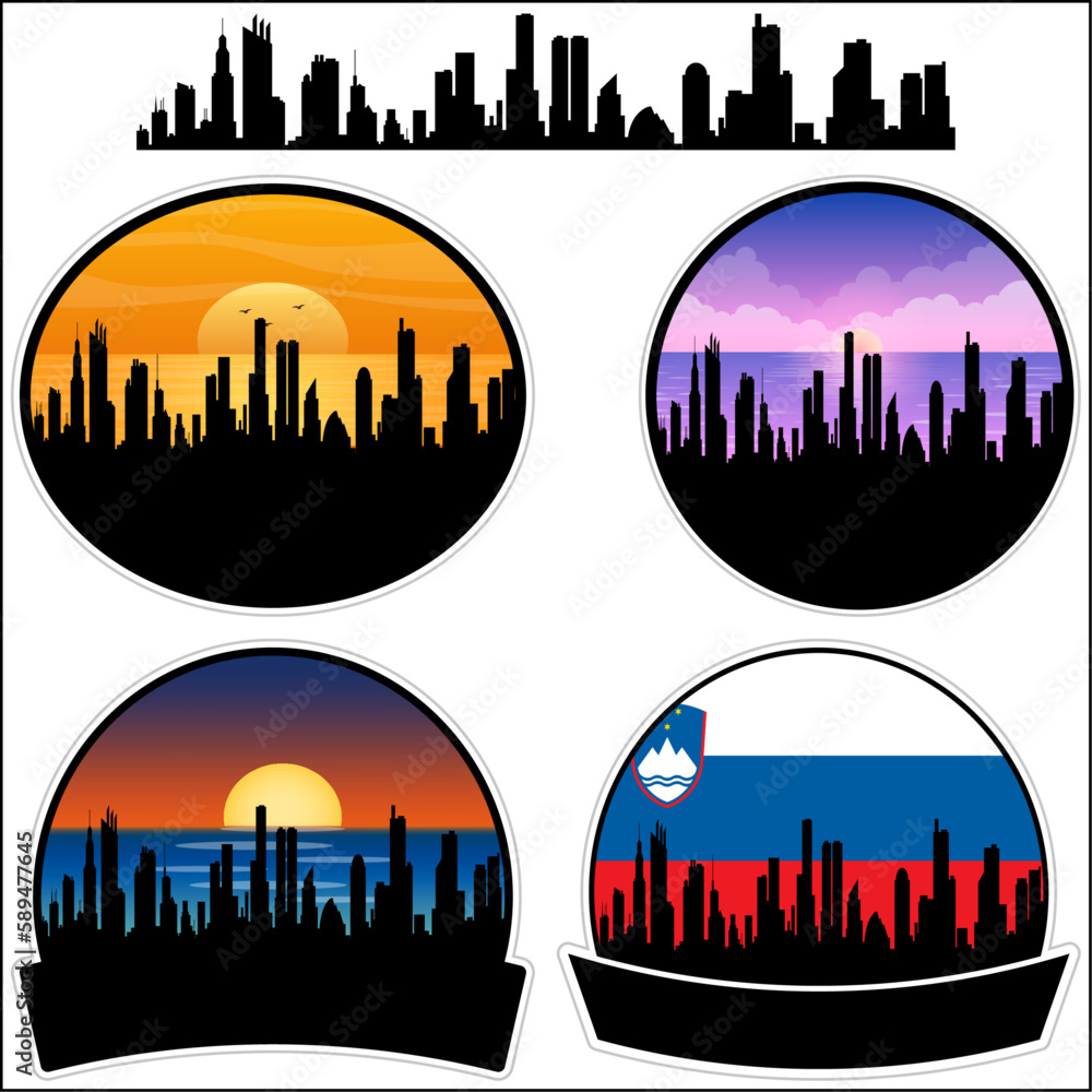 Ptuj Skyline Silhouette Slovenia Flag Travel Souvenir Sticker Sunset Background Vector Illustration SVG EPS AI