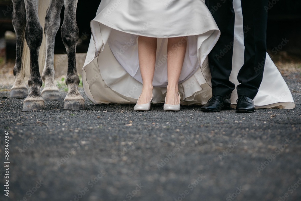 Closeup of bride's bridegroom's and horse feet standing on the asphalt Closeup of bride's bridegroom's and horse feet standing on the asphalt