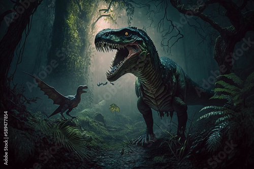 A fantastic blend of a raptor and t-rex dinosaur in a dark forest, Generative Ai
