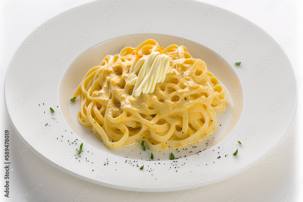 Delicious cheesy spaghetti served on a white plate. Delicious cheesy spaghetti served on a white plate.