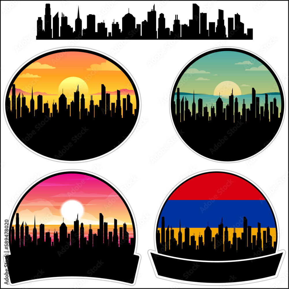 Step'anavan Skyline Silhouette Armenia Flag Travel Souvenir Sticker Sunset Background Vector Illustration SVG EPS AI