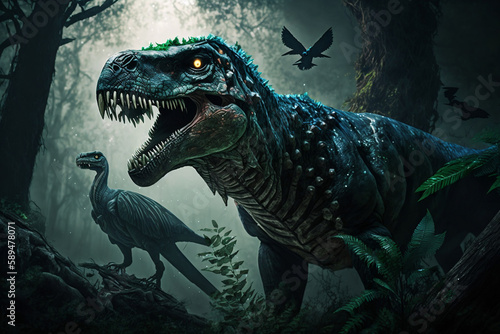 A fantastic blend of a raptor and t-rex dinosaur in a dark forest, Generative Ai © Flowstudio