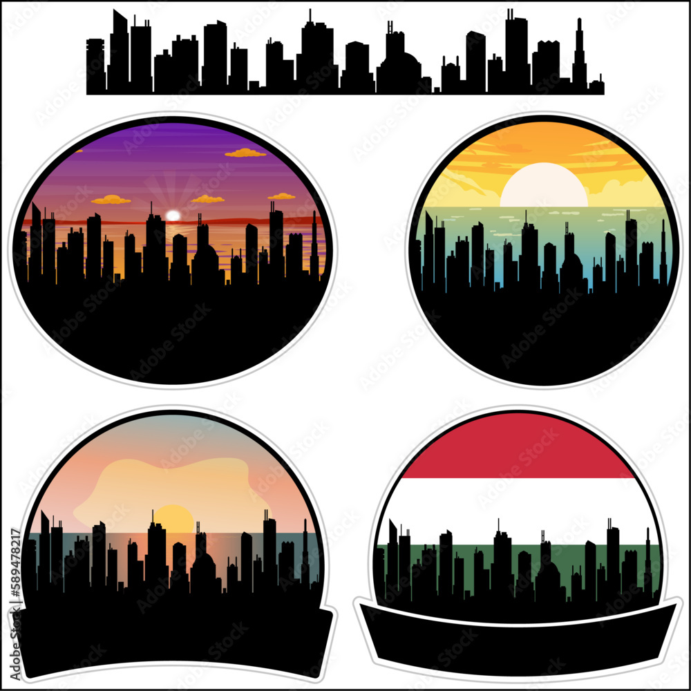 Gyal Skyline Silhouette Hungary Flag Travel Souvenir Sticker Sunset Background Vector Illustration SVG EPS AI