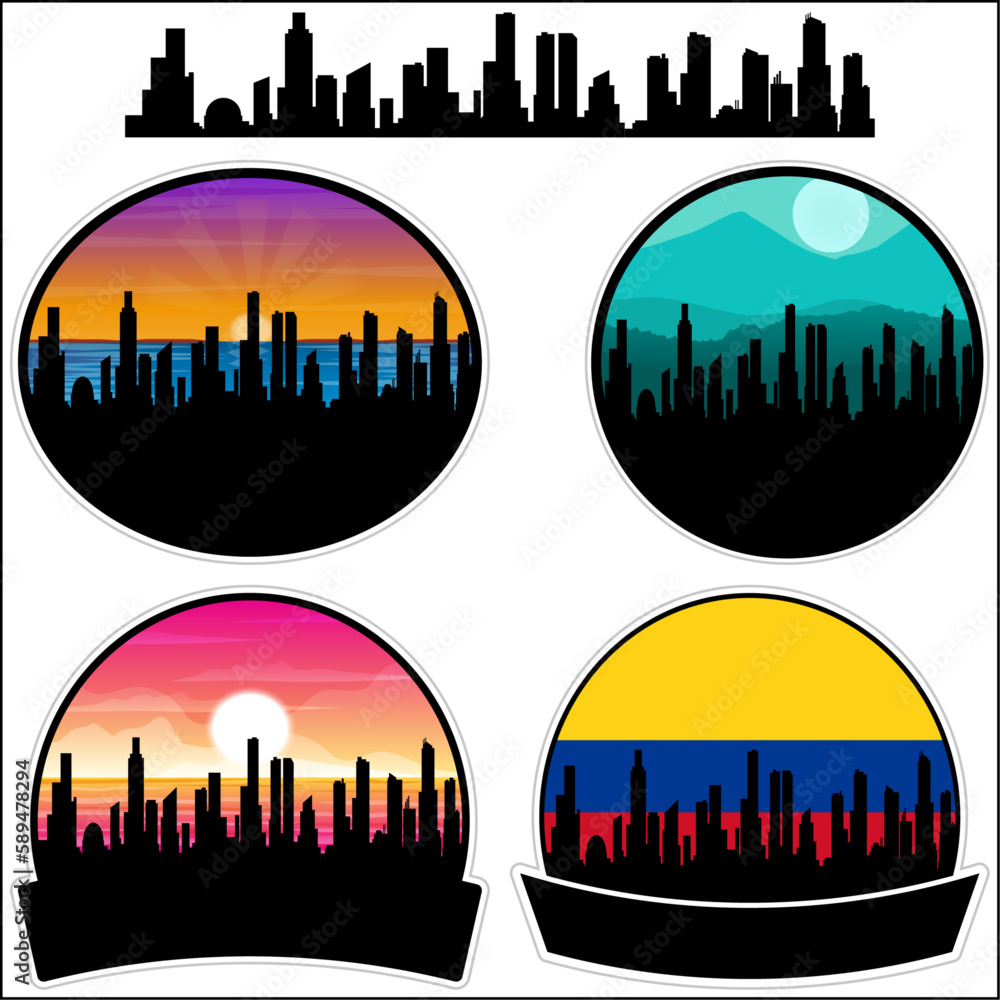 Ayapel Skyline Silhouette Colombia Flag Travel Souvenir Sticker Sunset Background Vector Illustration SVG EPS AI