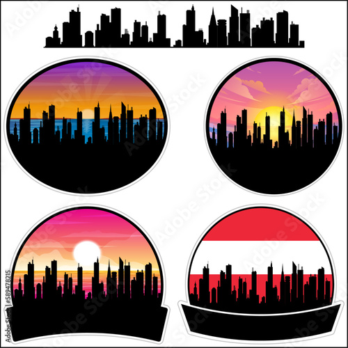 Amstetten Skyline Silhouette Austria Flag Travel Souvenir Sticker Sunset Background Vector Illustration SVG EPS AI