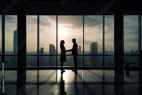 Sihouettes of a businessman and a businesswoman shaking hands, closing a deal, in an office building. Generative AI