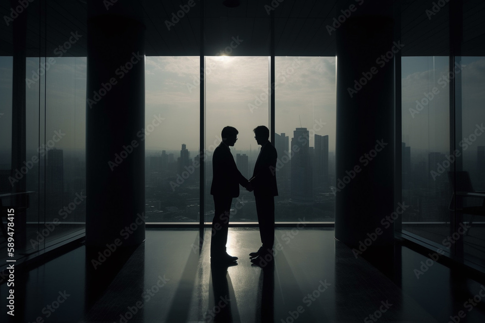 Sihouettes of two businessmen shaking hands, closing a deal, in an office building. Generative AI