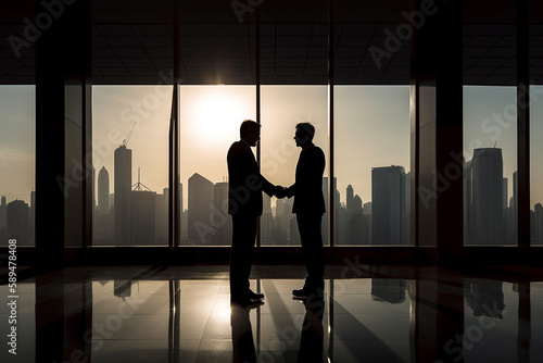 Sihouettes of two businessmen shaking hands, closing a deal, in an office building. Generative AI