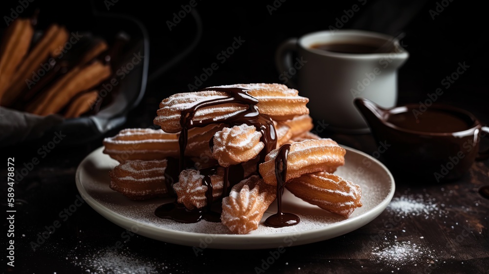 close up fried dough churros with chocolate dip, Generative Ai