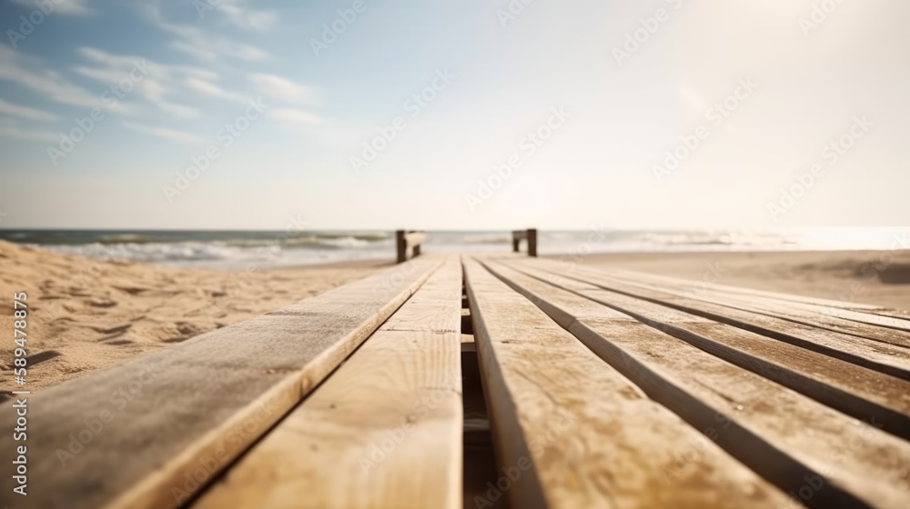 Empty wooden planks with blurred beach in background, can be used for product placement. Created with generative AI technology