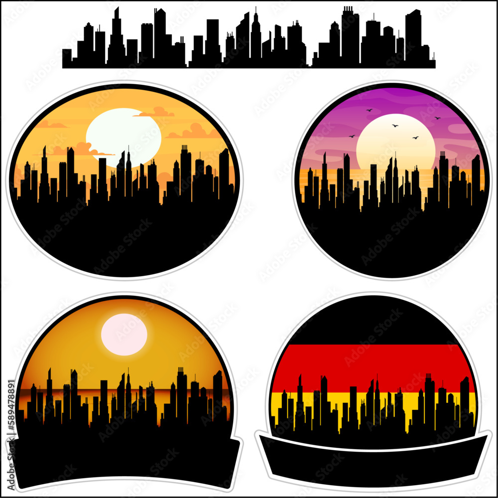 Herzogenaurach Skyline Silhouette Germany Flag Travel Souvenir Sticker Sunset Background Vector Illustration SVG EPS AI