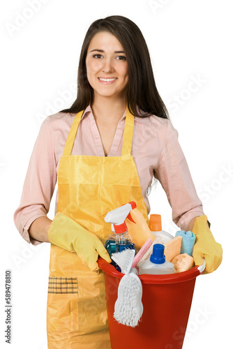 Friendly Young Charwoman Holding Accessories for Cleaning  - Isolated